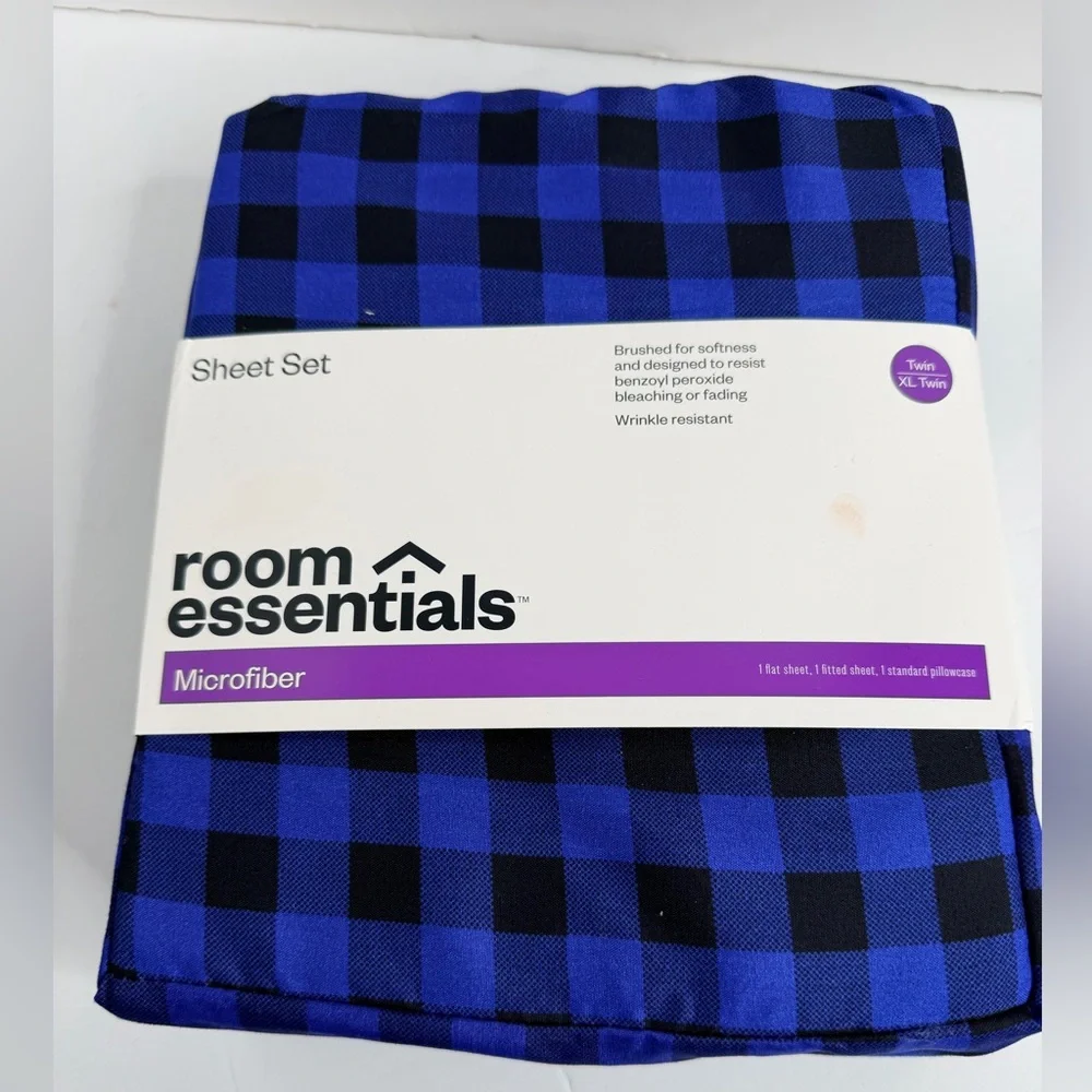 NWT Room Essentials Microfiber Sheet Set Twin XL Blue‎ Buffalo Plaid Bedding